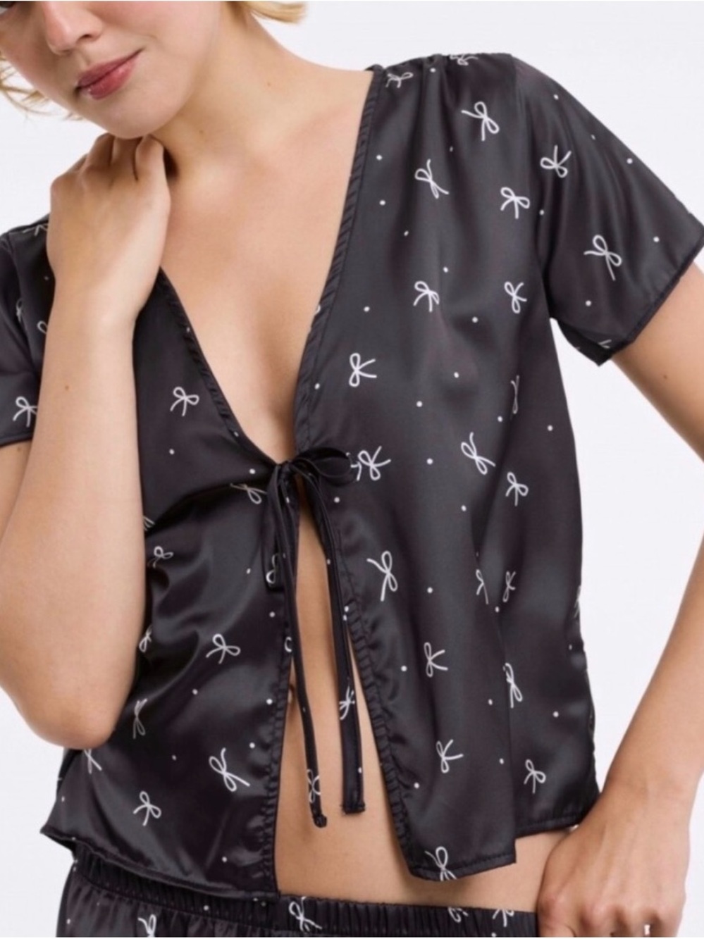 Coquette NWT Aerie Black Bow Satin Tie-Front PJ Top Balletcore Loungewear Sleep